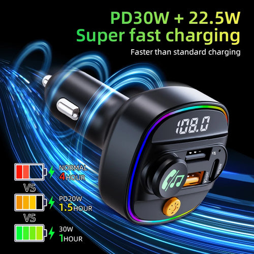 Bluetooth 5.4 FM Transmitter Handsfree Car AUX Radio Modulator MP3 Player with 22.5W & PD30W Fast Charge Adapter Car Accessories